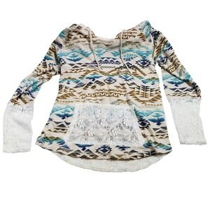 Panhandle Womens Southwestern Lace Back Hoodie Size M Blue Brown White